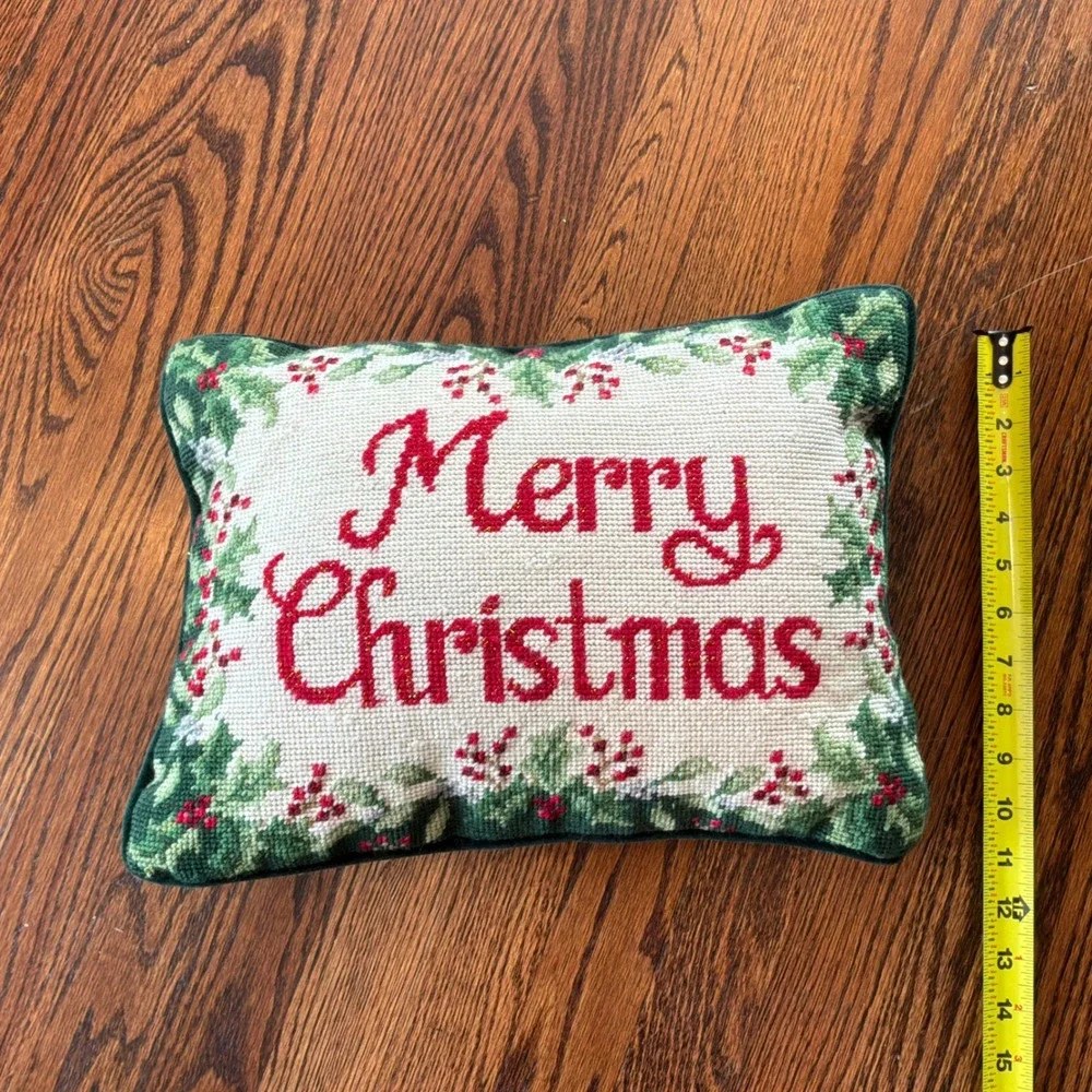 Merry Christmas Needlepoint Pillow Holly Berry Gold Metallic Velvet Back 15x11
